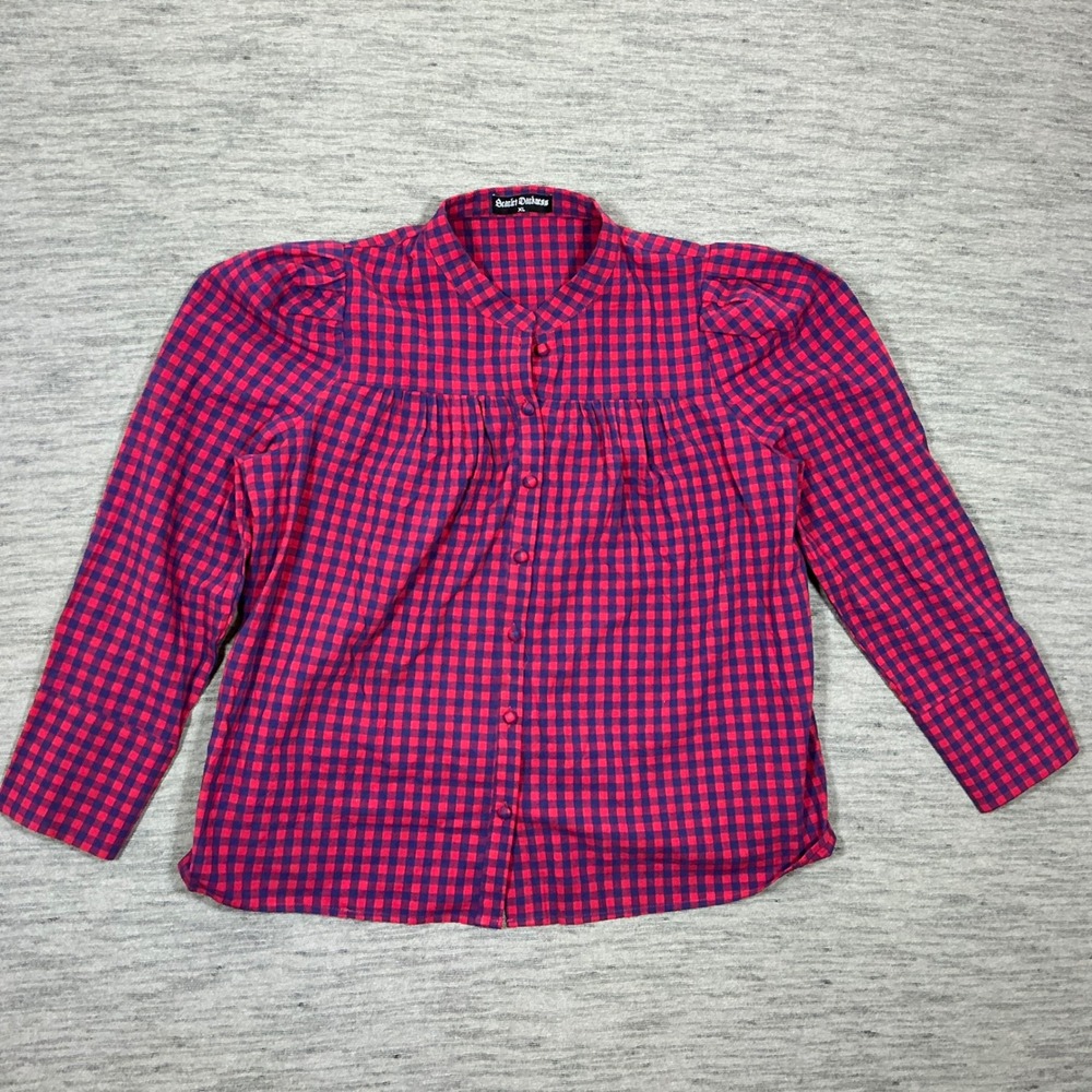 Scarlet Darkness Red Navy Gingham Plaid Puff Sleeve Blouse Top XL Cottagecore
